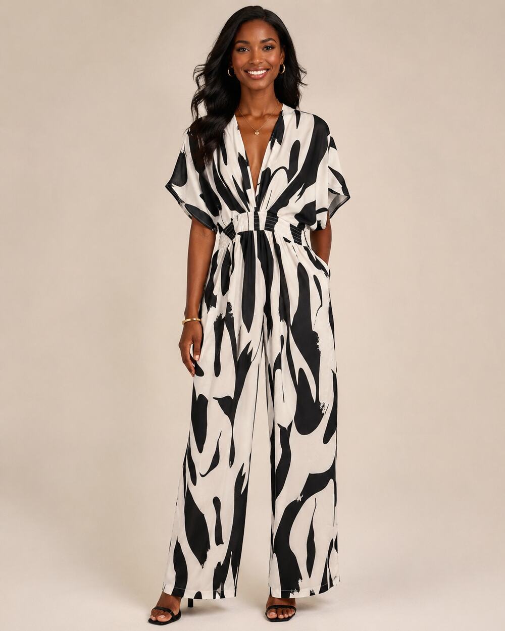 SHEIN Black White Abstract Print Jumpsuit Size 12 Smocked Waist Vacation Resort